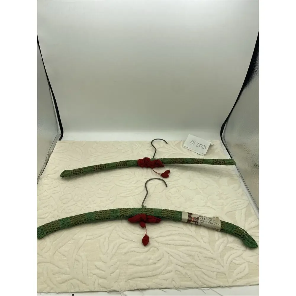 Antique Handmade set of 2-crochet Green Lace W/Red Roses Covered Wood Hangers